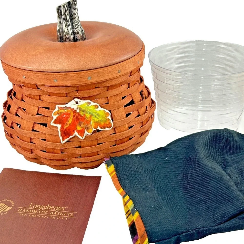 Longaberger Small CINNAMON FALL GOURD Basket w/ Lid Liner Tie-on Protector Flyer